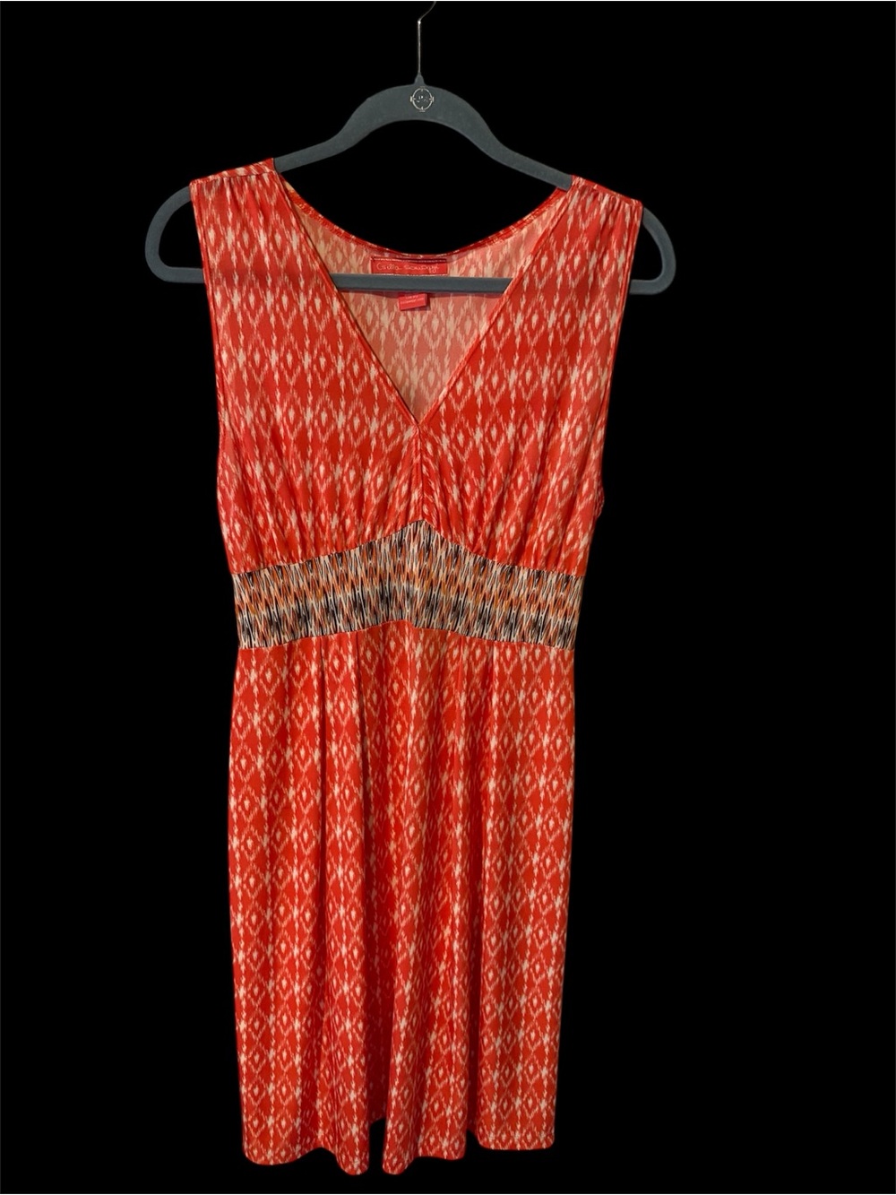 Csilla Somogyi Sleeveless Red Printed V-Neck Midi Dress with Smocked Waist